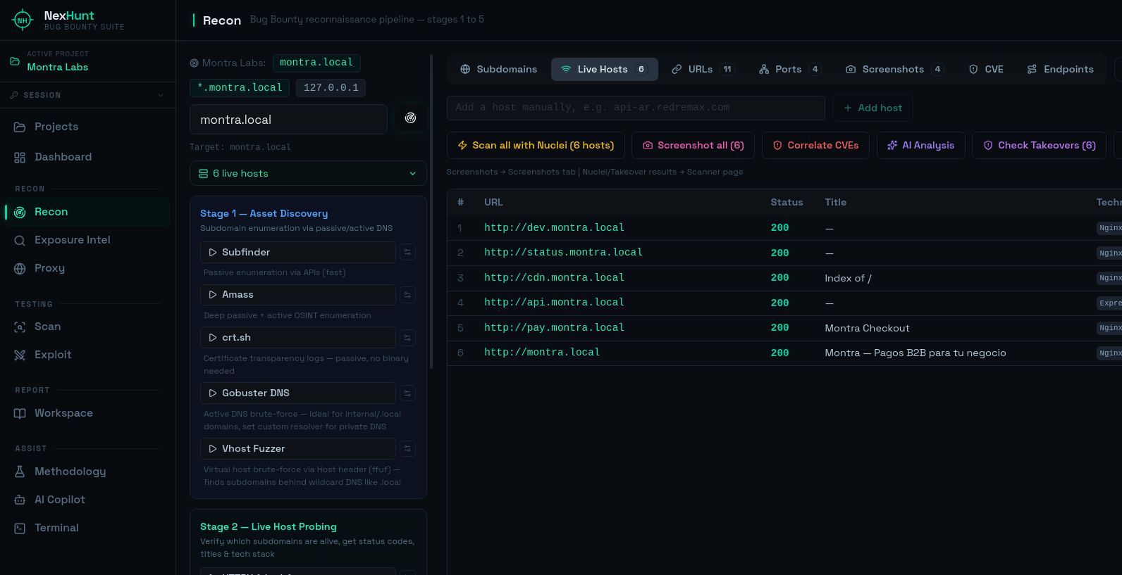 NexHunt recon workspace showing six live hosts and detected technologies